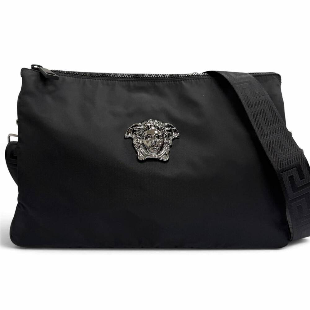 VERSACE Leather Medusa Greca 2-Way Shoulder Bag/Clutch Bag, Black, Made in It...